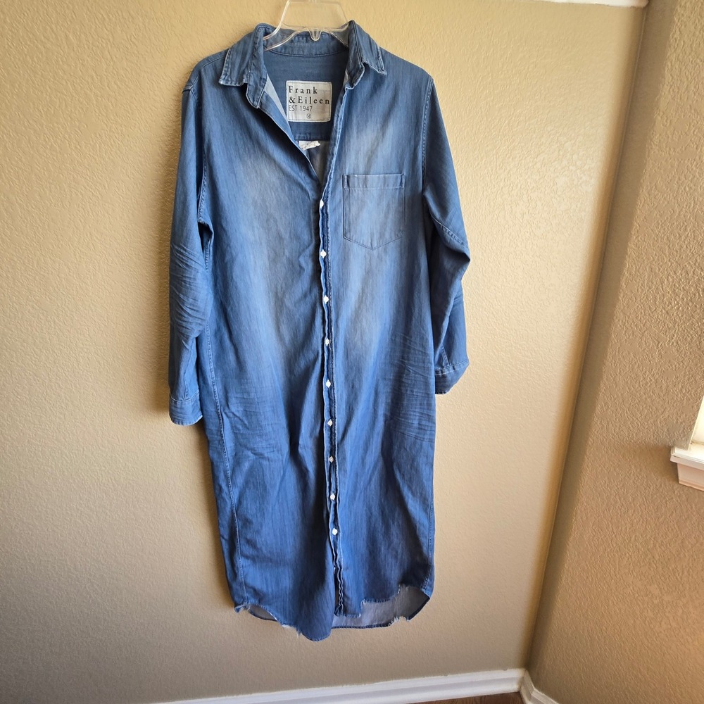Frank & Eileen Rory Denim Maxi Shirt Dress Blue Distressed Hem Medium